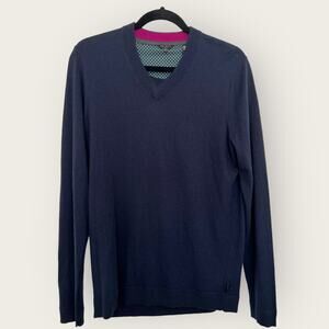Ted Baker London Wool Sweater | Size 3 Medium | Blue V-neck Pullover Minimalist